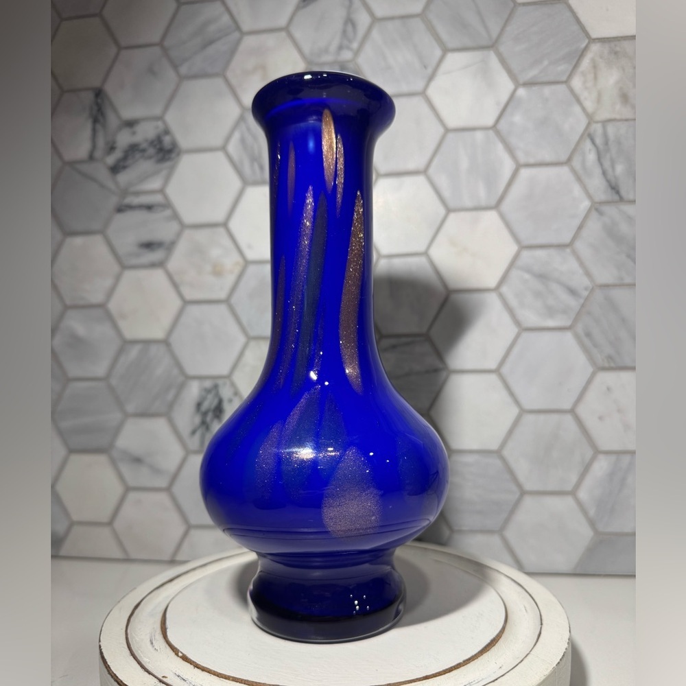 Art Glass Blown Cased Vase Cobalt White Glitter Swirled